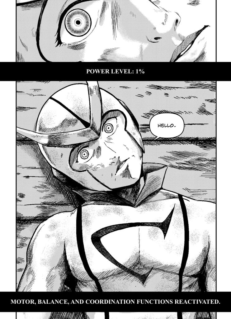 A comic-style image showing a character lying down with a concerned expression. The top part displays 'POWER LEVEL: 1%' while the bottom part reads 'MOTOR, BALANCE, AND COORDINATION FUNCTIONS REACTIVATED.' The character appears to be addressing someone with the word 'HELLO.'