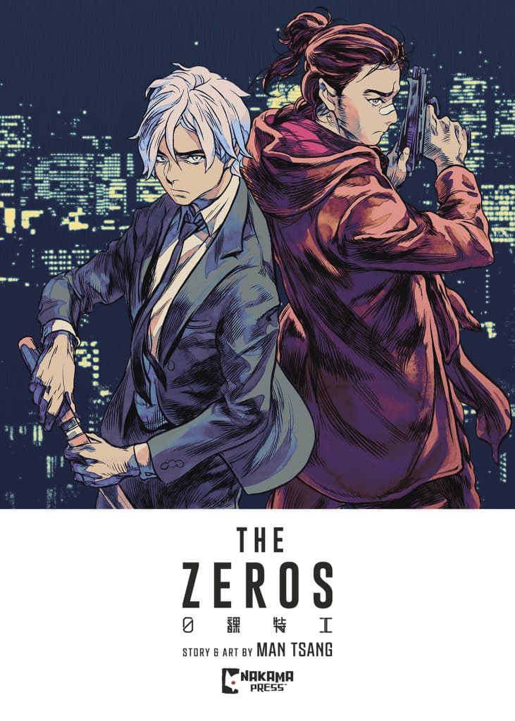 A digital illustration featuring two characters back to back in a cityscape. The character on the left has white hair and is dressed in a suit, while the character on the right has dark hair, a ponytail, and wears a red hoodie. The background displays a skyline with illuminated buildings. The title 'THE ZEROS' is prominently displayed at the bottom, along with credits for story and art by Man Tsang and Nakama Press.