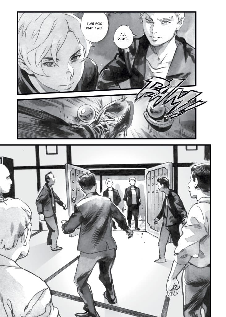 A black and white comic panel showing two characters preparing for a confrontation, one kicking forward with intensity. In the background, two large doors are flung open, revealing more characters in suits, indicating an approaching conflict.
