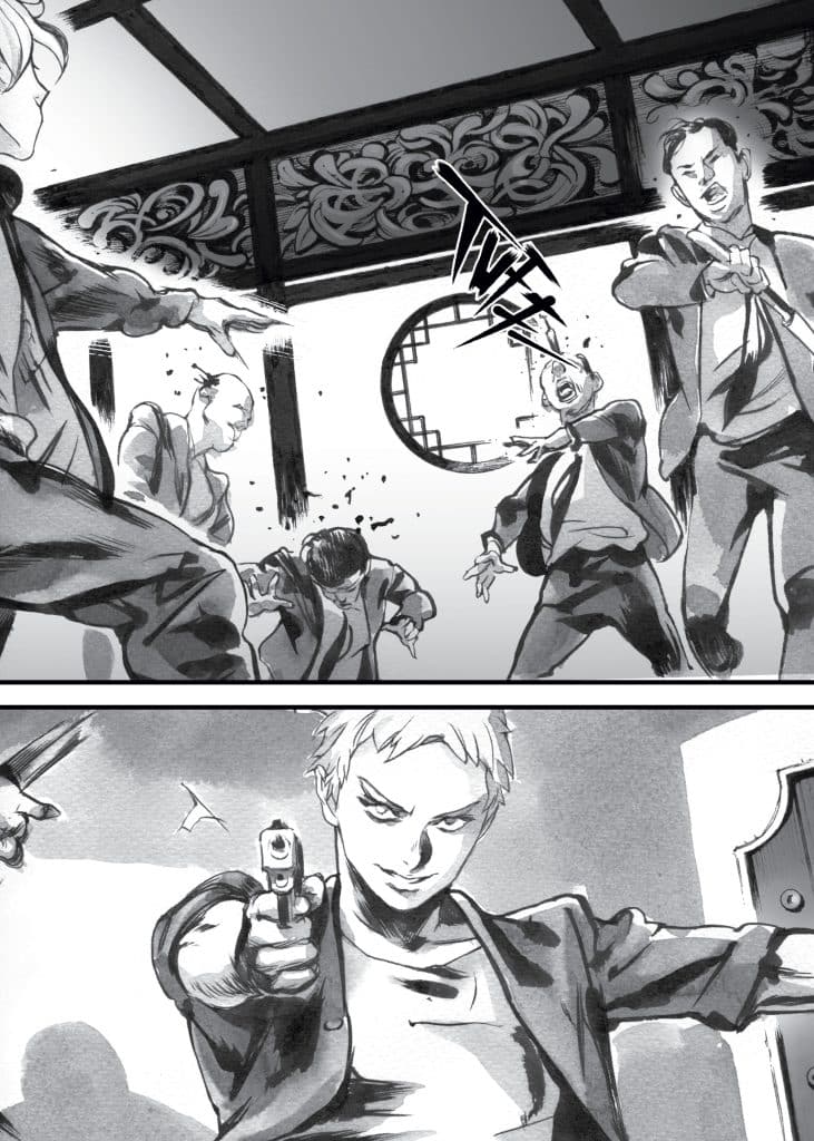 A tense black and white illustration depicting multiple figures in a confrontation. One character is aiming a gun confidently, while others appear startled and in motion, suggesting a chaotic scene.