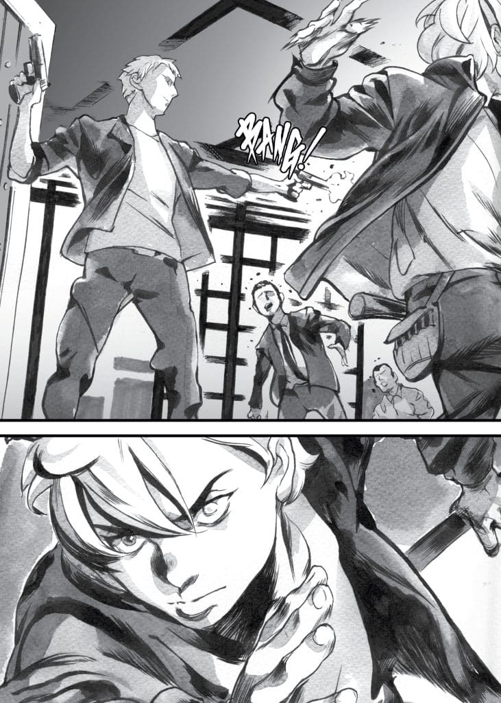 Black and white comic panel depicting a dramatic action scene with a character firing a gun while others react in shock. The focus is on a determined character in the foreground, suggesting tension and a high-stakes environment.