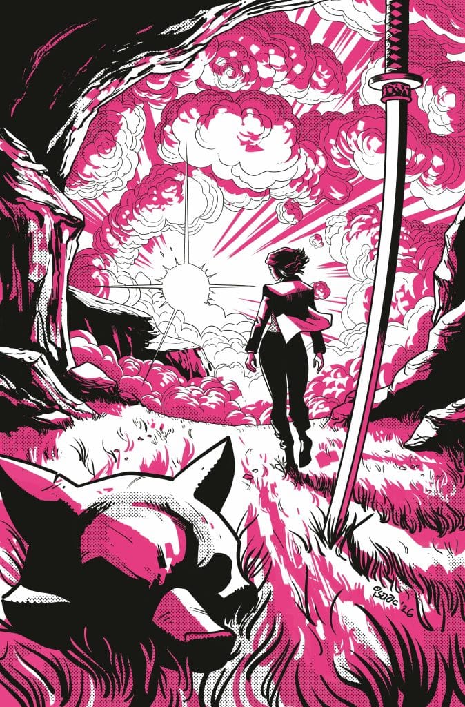 A silhouette of a figure walking towards a bright light, surrounded by stylized clouds, with a sword standing upright nearby and a fallen creature in the foreground.