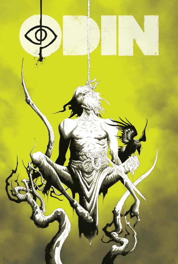 An illustration depicting Odin, a mythological figure, portrayed as a muscular figure surrounded by twisting roots and a raven, set against a bright yellow background with bold lettering that reads 'ODIN'.