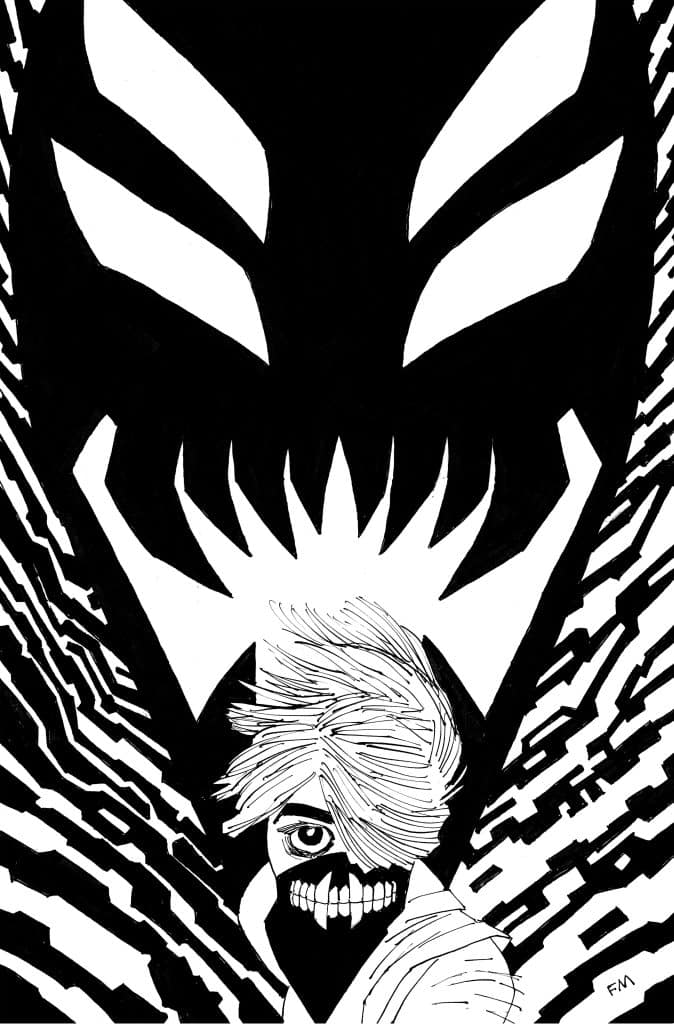 A black and white illustration featuring a character with a skull-like face and striking hair, set against a large, menacing creature with sharp eyes and a wide, open mouth.