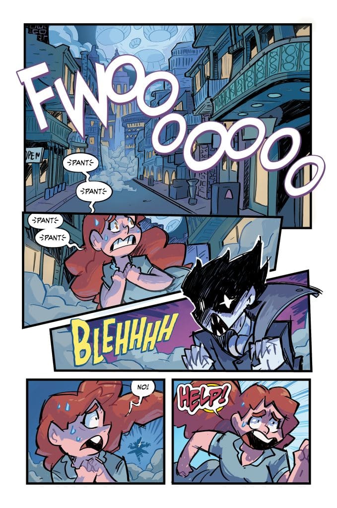 A comic panel featuring a frightened girl with red hair in a deserted street. She is panting and expressions of fear are evident as she reacts to a shadowy figure nearby. Speech bubbles include sounds like 'FWOOO' and 'BLEHHHH', indicating a sense of urgency and alarm.