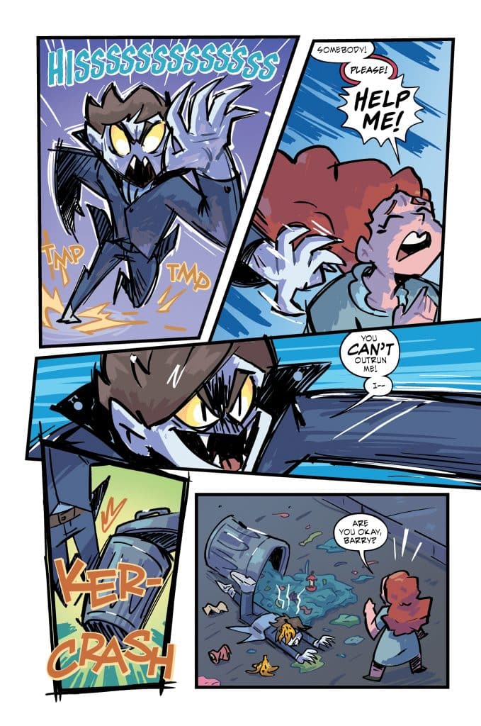 A comic panel featuring a startled character with fangs and claws yelling for help, while a frightened girl responds in a panic. The bottom panel shows a trash can that has fallen over, with debris scattered around and a character named Barry on the ground.