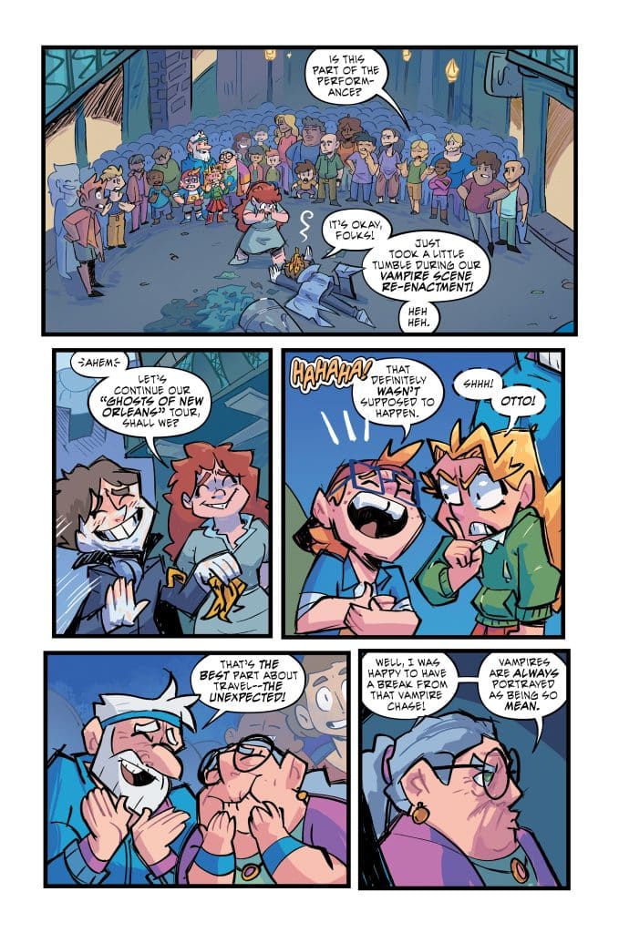 A comic strip showing characters discussing a theatrical performance. One character humorously explains a mishap during a vampire reenactment while others react with laughter and surprise. The scene depicts a blend of humor and travel experiences.