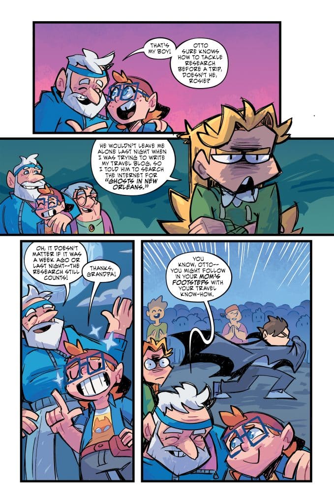 A comic panel featuring cartoon characters discussing travel research. One character, wearing glasses and a hat, expresses gratitude towards another character, labeled as 'Grandpa.' There is dialogue about researching ghosts in New Orleans and following in someone else's travel footsteps.