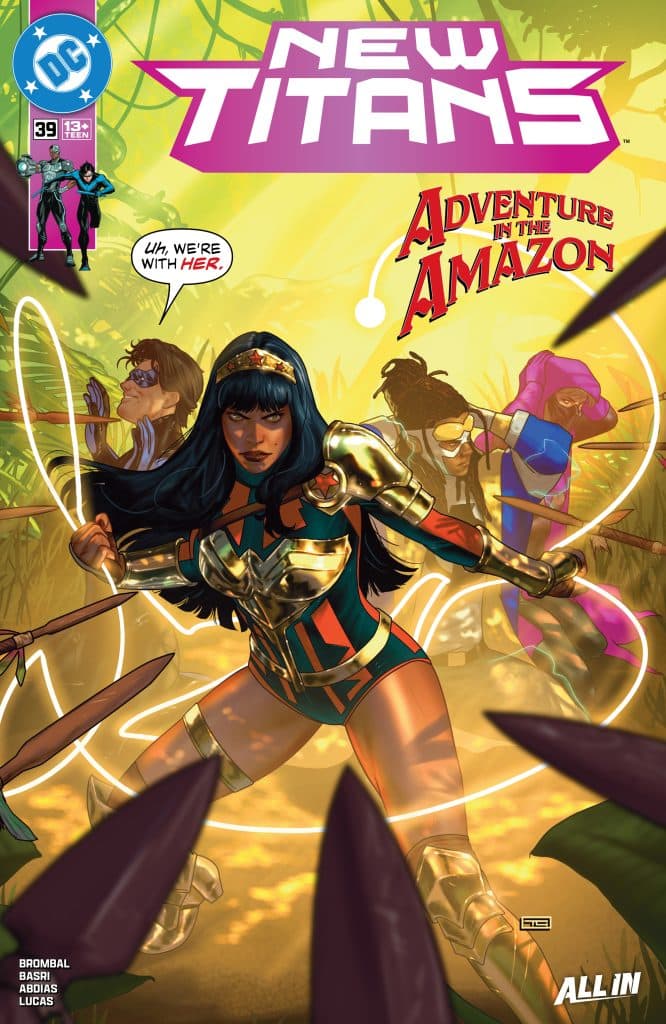 Cover of 'New Titans' comic issue 39 featuring a superheroine in armor, ready for action in a jungle setting, with hints of other characters in the background.