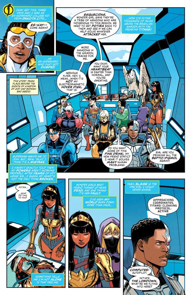 A group of superheroes in a spaceship discussing a crisis involving Amazons and a character named Potira. The scene shows a mix of characters, including a Wonder Woman-like figure, tech-savvy heroes, and dialogue boxes with humorous banter.