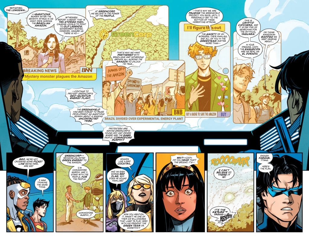 A comic panel depicting a news broadcast about a mystery monster in the Amazon, featuring characters discussing environmental concerns and an experimental energy project.