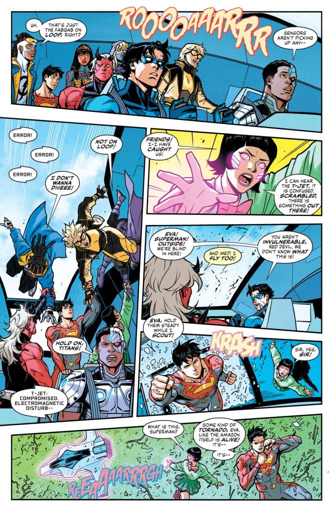 Comic book page featuring a group of heroes reacting to an alarming situation, with dialogue emphasizing urgency and confusion.
