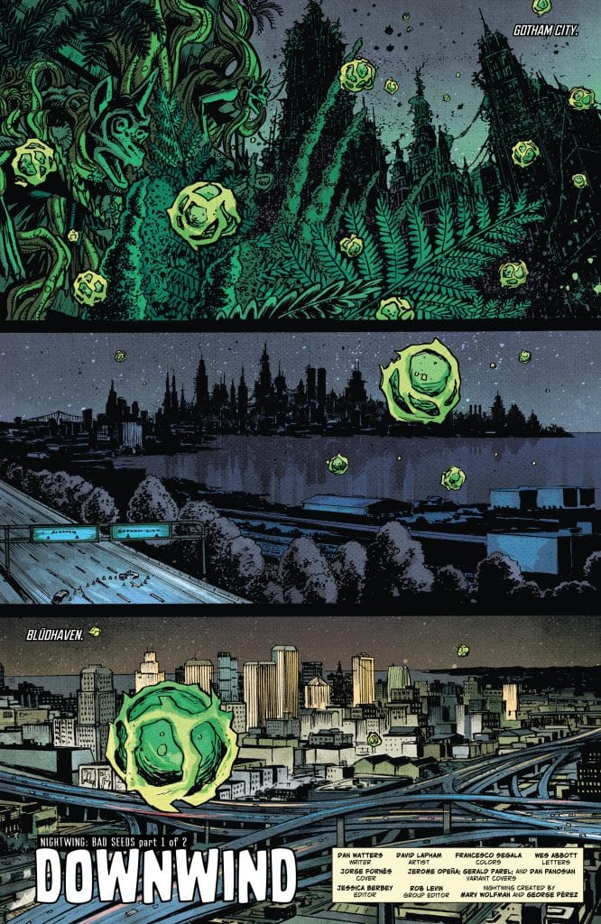 A comic book page featuring a stylized illustration of Gotham City with green plant-like elements and glowing orbs, transitioning to Blüdhaven in the lower sections, showcasing a dark urban landscape.