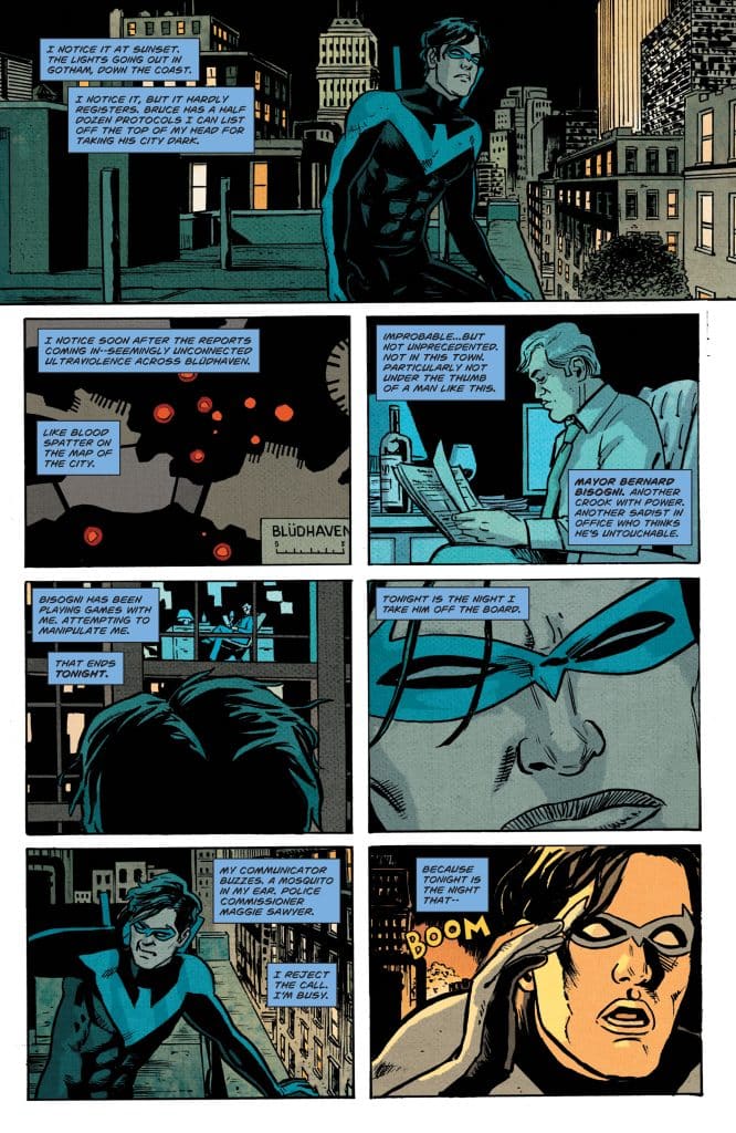 A comic book panel featuring a superhero, Nightwing, standing on a rooftop in a city at sunset, contemplating a mission against a villain, Mayor Bernard Bisogni.