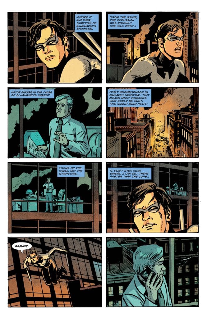 A comic strip scene depicting a character looking worried while discussing an explosion, suggesting urgency about a nearby incident.