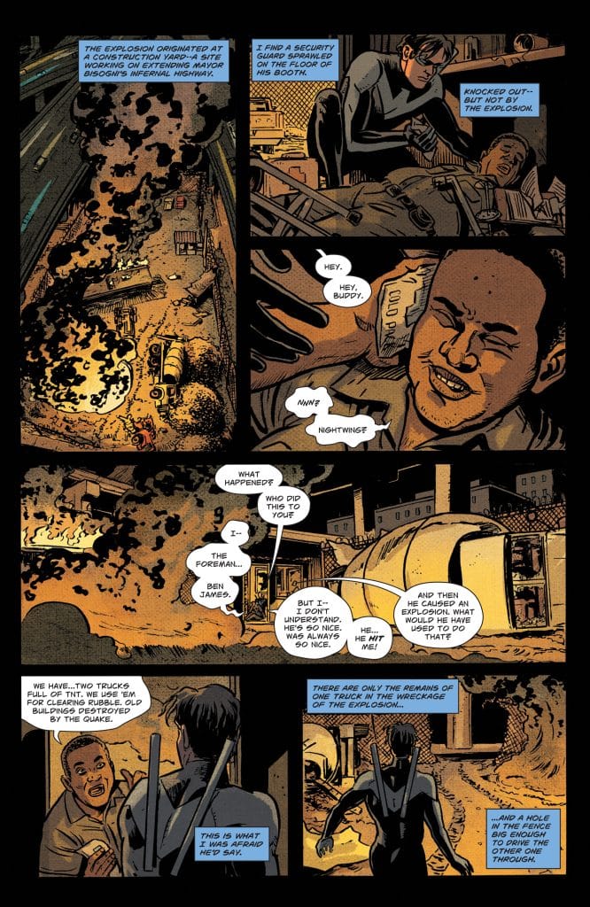 A comic book page showing characters discussing an explosion at a construction site. One character, wearing a mask, examines a security guard on the floor, while another character is lying down, appearing dazed. The background depicts a night scene with smoke and debris.