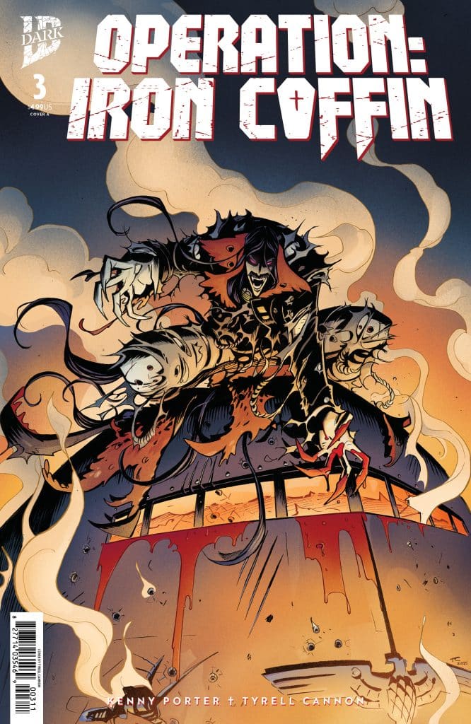 Comic book cover featuring a dramatic character with a sinister expression, surrounded by swirling smoke and blood, titled 'Operation: Iron Coffin'.