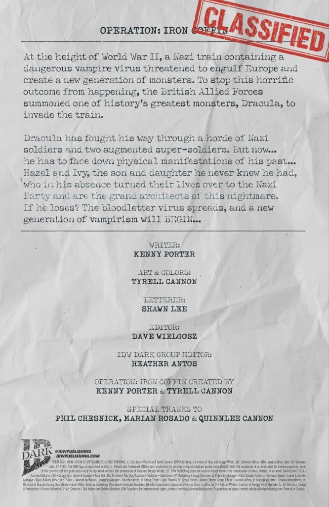 A classified document titled 'Operation: Iron' detailing a fictional story set during World War II involving Dracula combating a Nazi train carrying a vampire virus. The document includes information on the writers, artists, and production team.