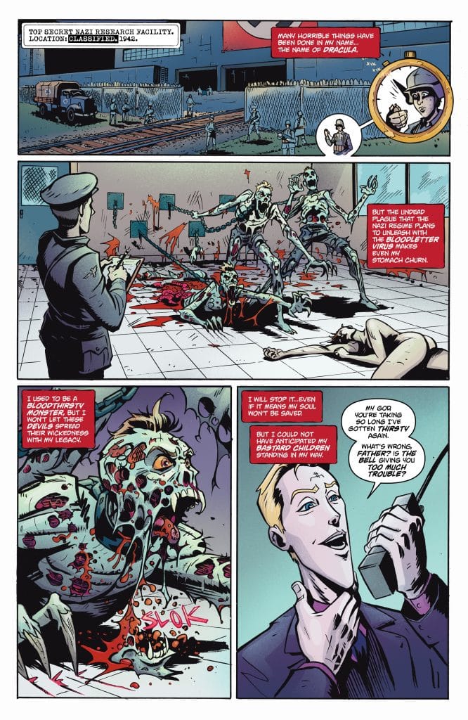 A comic panel depicting a top-secret Nazi research facility in 1942, with soldiers observing disturbing experiments involving zombies and bloodshed. One officer is horrified by the undead, while a second character discusses their legacy and determination to stop the horrors.