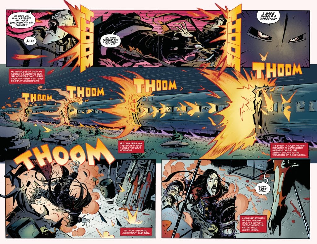 A dynamic comic book page featuring action scenes with explosive effects and intense dialogue. The top panels show a character in distress and a monstrous figure, while the lower panels depict a train and a struggle with powerful visual sound effects.