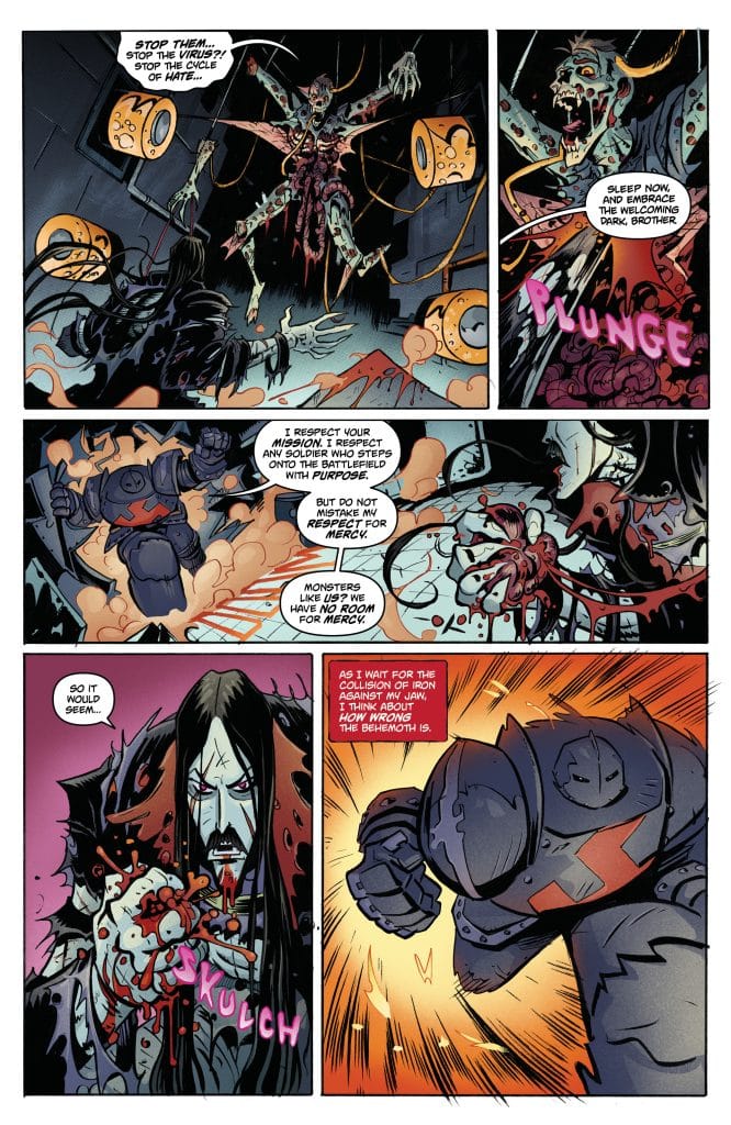 A comic book page featuring two characters in a dark setting. One character is a monstrous figure suspended in the air, while the other wears armor and has a grim expression. Dialogue boxes convey themes of conflict, mercy, and purpose, with graphic imagery including blood and violence.