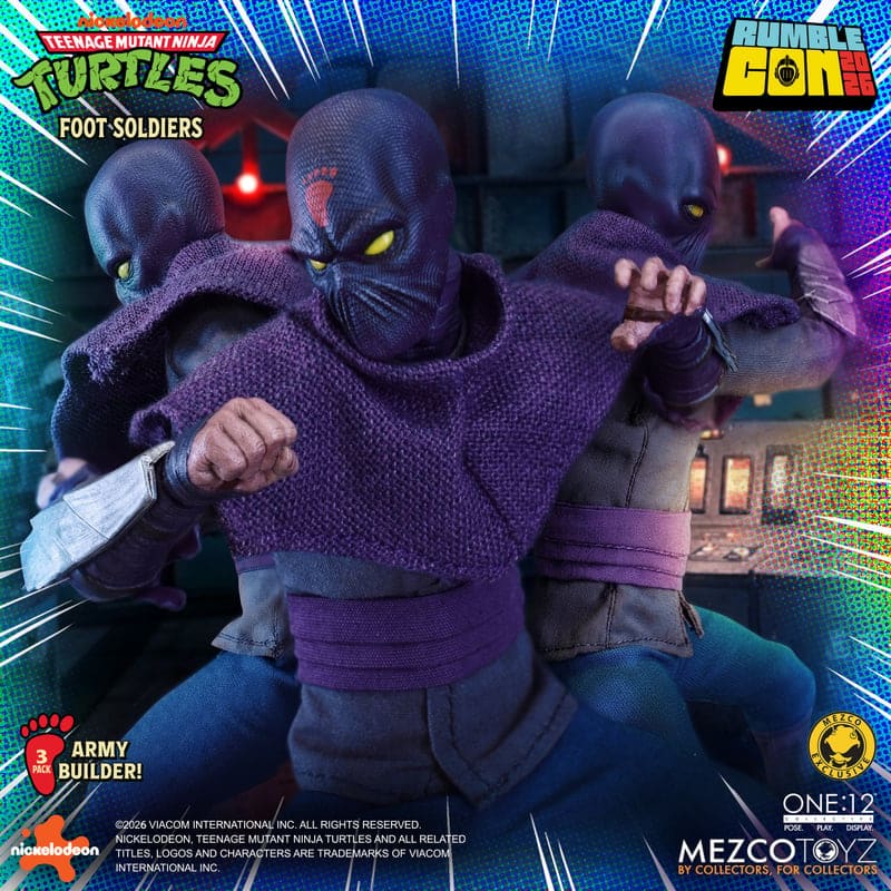Three Foot Soldiers from Teenage Mutant Ninja Turtles, wearing purple clothing and masks, posed dynamically in a dark setting, showcasing their menacing appearance.