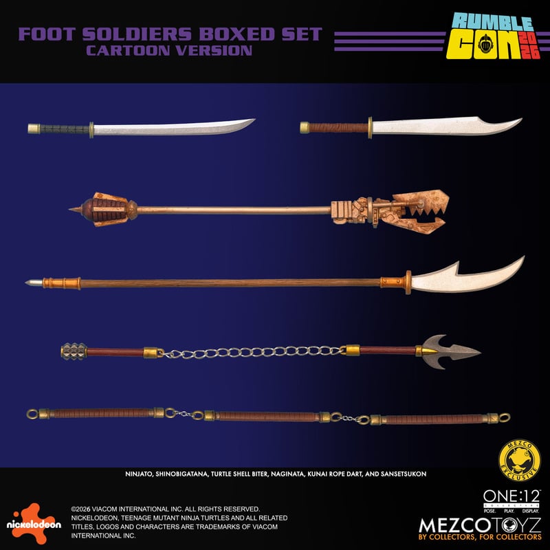 Foot Soldiers Boxed Set featuring various weapons including a ninjato, shinobigatana, turtle shell biter, naginata, kunai rope dart, and sansetsukon, displayed on a dark background.