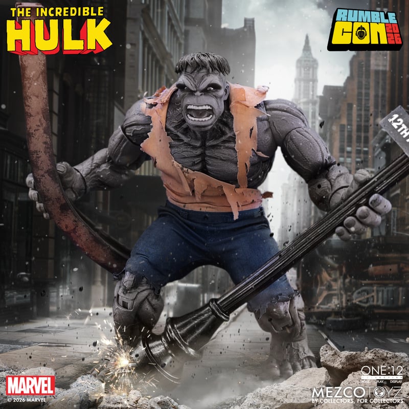 A detailed action figure of The Incredible Hulk, depicted in a dynamic pose within a city street setting, showcasing his muscular physique and a torn shirt, holding a large black metal object.