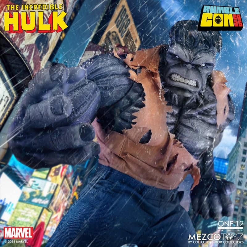 A detailed action figure of the Incredible Hulk, showcasing a muscular build with ripped clothing, amidst a rainy urban backdrop.