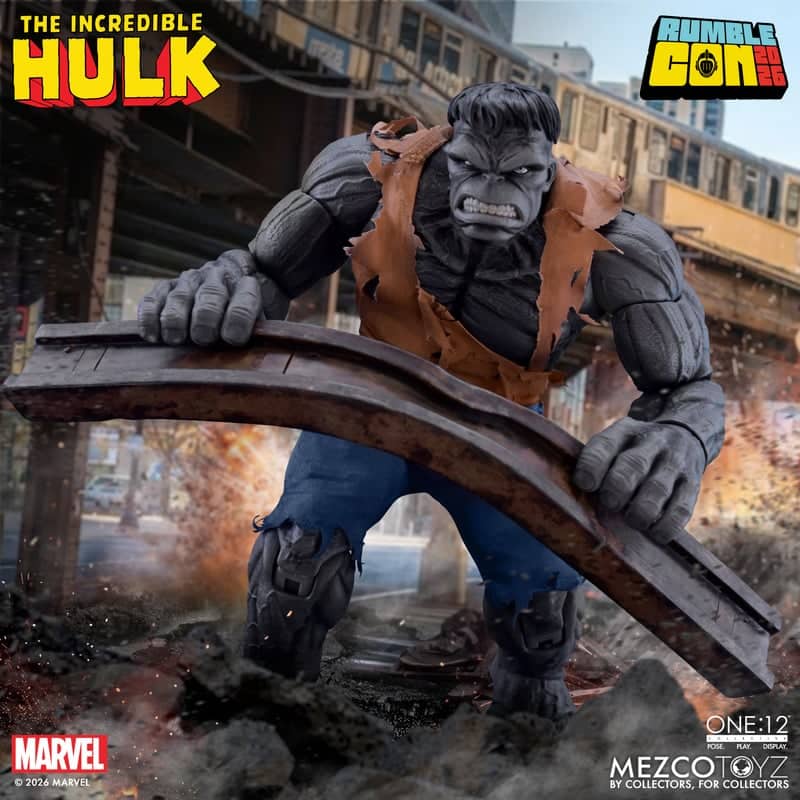 A detailed action figure of the Incredible Hulk, depicted in a dynamic pose lifting a steel beam amidst a dramatic urban backdrop with smoke and debris.