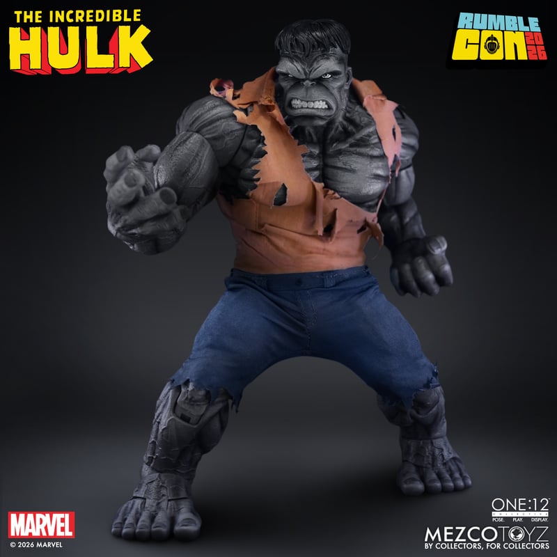 A detailed collectible action figure of The Incredible Hulk, showcasing his muscular physique in torn clothing, with a fierce facial expression, standing in a dynamic pose against a dark background.