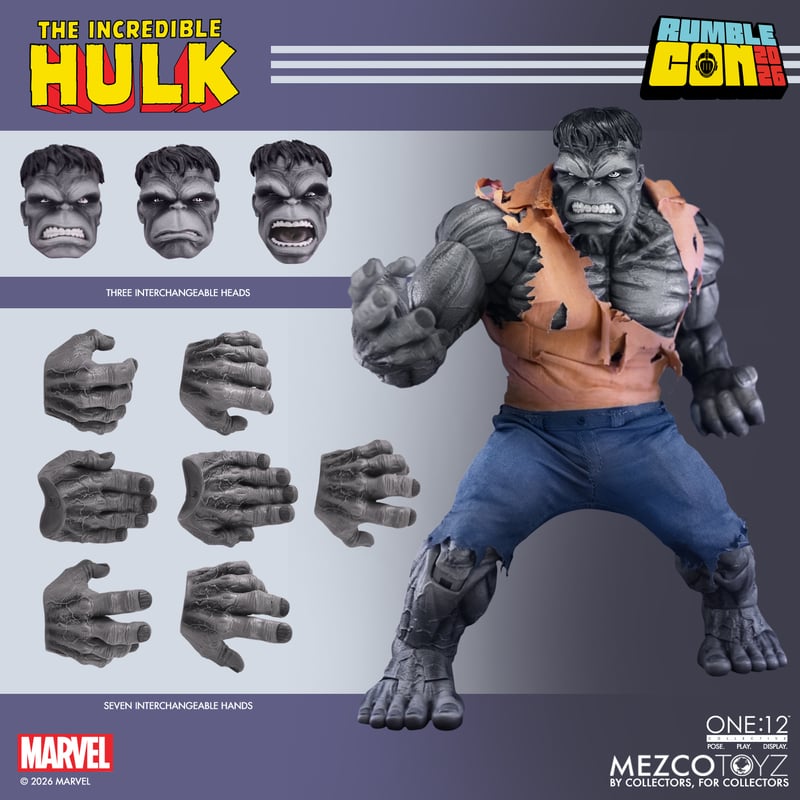 A collectible action figure of The Incredible Hulk featuring three interchangeable heads and seven interchangeable hands, with the figure showcasing a muscular build, torn clothing, and a fierce expression.