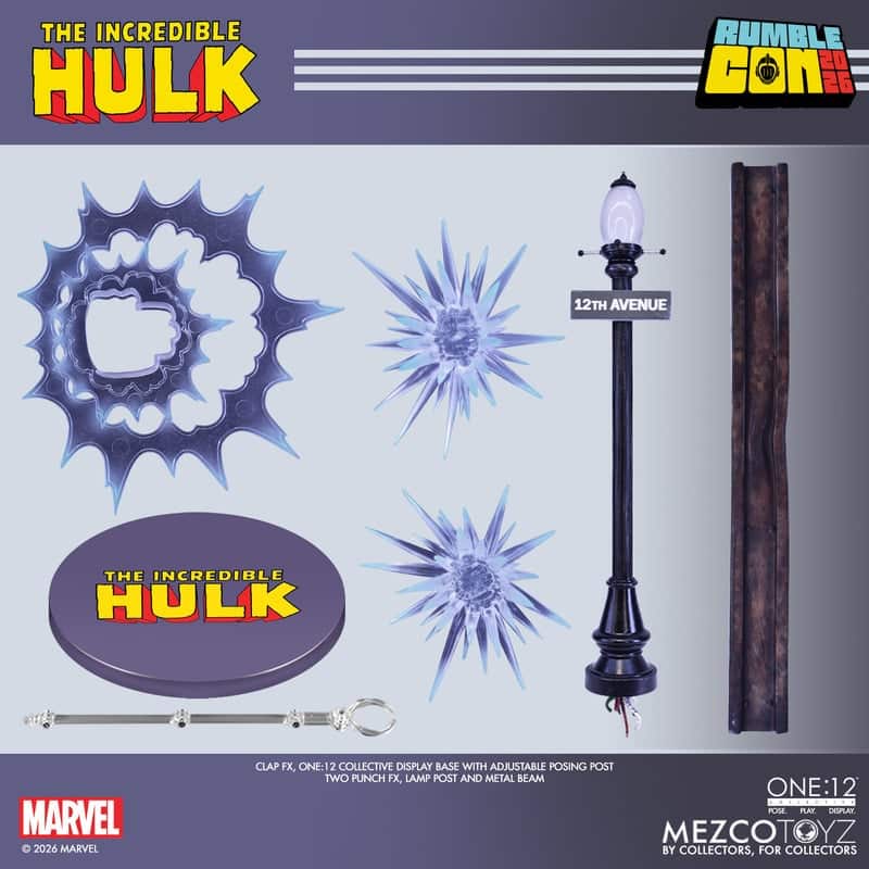 Display set featuring accessories for The Incredible Hulk, including punch effects, a lamp post, and a custom base with adjustable post.