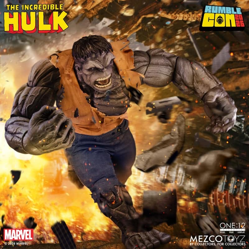 A dynamic action figure of the Incredible Hulk, depicted in a fierce pose with torn clothing, against a backdrop of explosive debris and chaos.