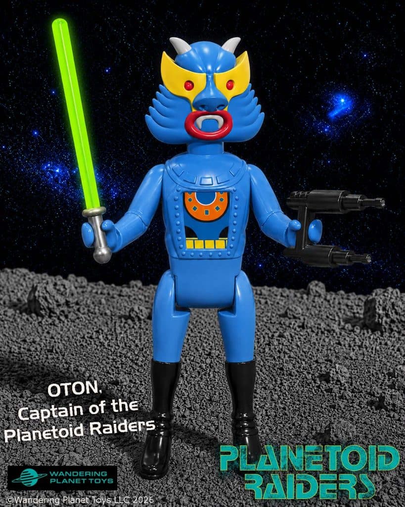 Action figure of Oton, the Captain of the Planetoid Raiders, holding a green lightsaber and a futuristic gun, standing on a rocky surface with a starry background.