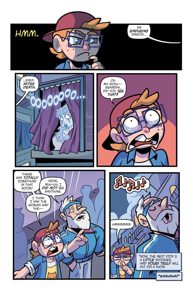 A comic strip featuring a young boy in a cap and glasses expressing surprise, with a ghostly figure visible in a window behind him. He is talking to an older man, presumably his grandpa, who appears skeptical. The scene suggests a spooky theme with humorous dialogue about seeing a ghost.