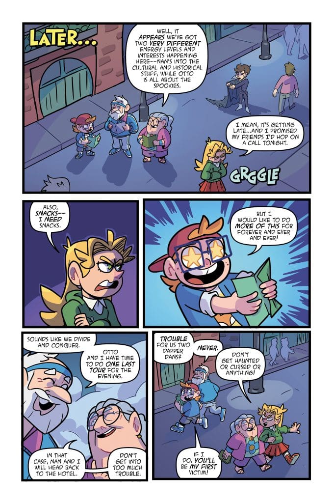 A colorful comic strip featuring a group of characters discussing various interests, including cultural history and spooky topics. One character is enthusiastic about conducting a tour, while another expresses a playful concern about potential trouble. The scene is set in a lively street with whimsical dialogue bubbles.