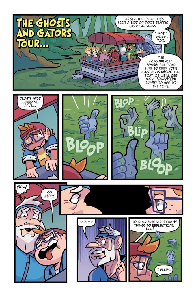 A comic strip featuring a boat tour called 'The Ghosts and Gators Tour,' with characters humorously discussing spooky experiences and reflections in the water.
