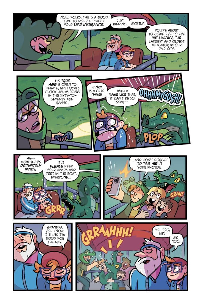 A comic strip featuring a humorous scene on a boat tour where a guide talks about an alligator named Winky while visitors react with surprise and excitement.