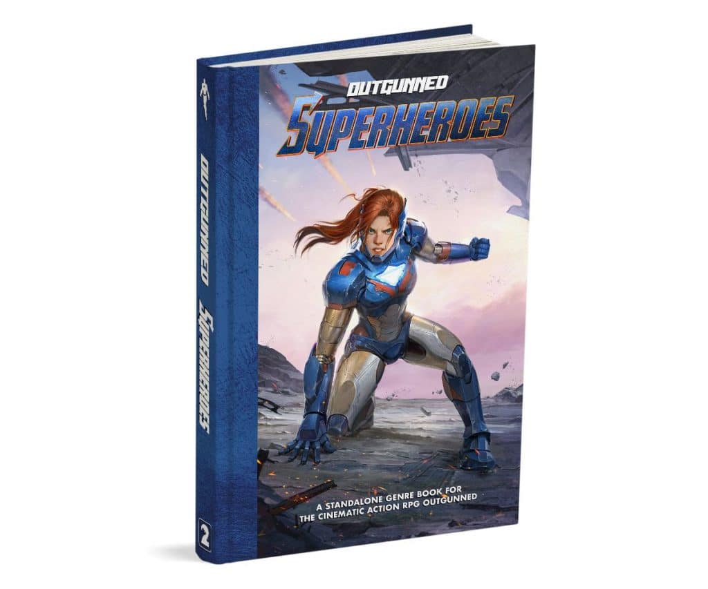 A standalone genre book titled 'Outgunned Superheroes,' featuring a heroic character in an action pose on the cover. The character is dressed in a blue and silver superhero outfit, with a determined expression and a futuristic setting in the background.