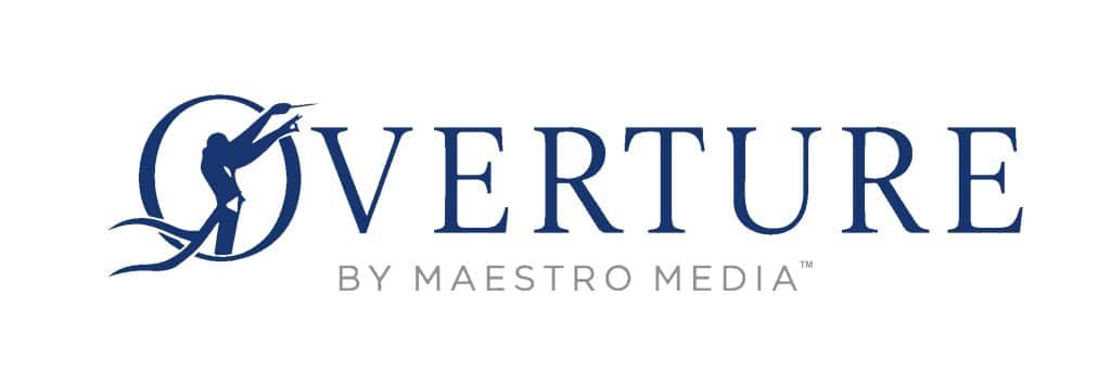 Logo of Overture by Maestro Media featuring a dancing figure and elegant typography.