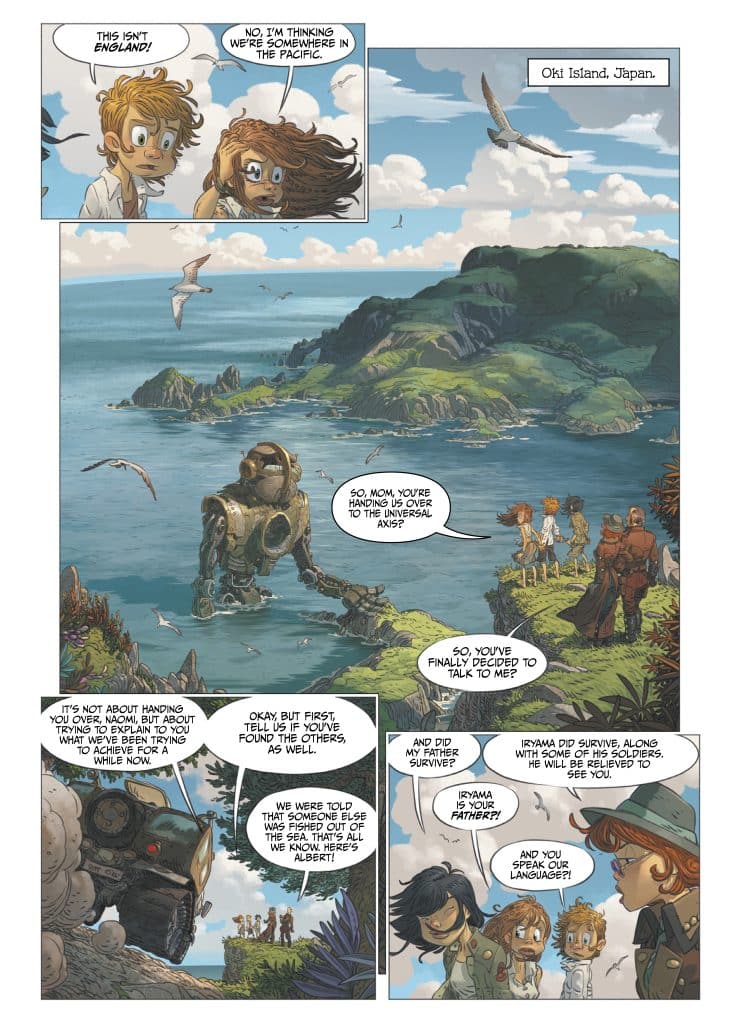 A comic panel set on Oki Island, Japan, featuring children and a mechanical figure by the shore. The characters discuss their situation and experiences, with a scenic background of the island and a blue sky.