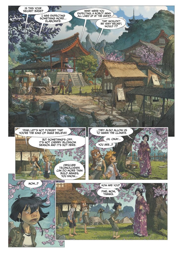 A comic-style scene depicting a secret base with a traditional Japanese-style building surrounded by cherry blossom trees. Two children are conversing with an adult woman in a kimono, as they discuss the lack of elaborateness in their base. The scene conveys a playful yet mysterious atmosphere.