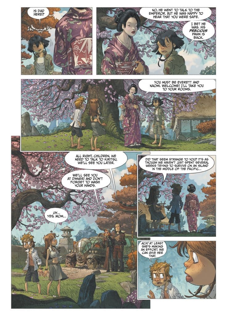 A comic panel depicting a scene under a cherry blossom tree with characters dressed in traditional clothing. Two children, a boy and a girl, converse with a woman in a kimono while another girl listens. In the background, a serene landscape with a traditional house can be seen.