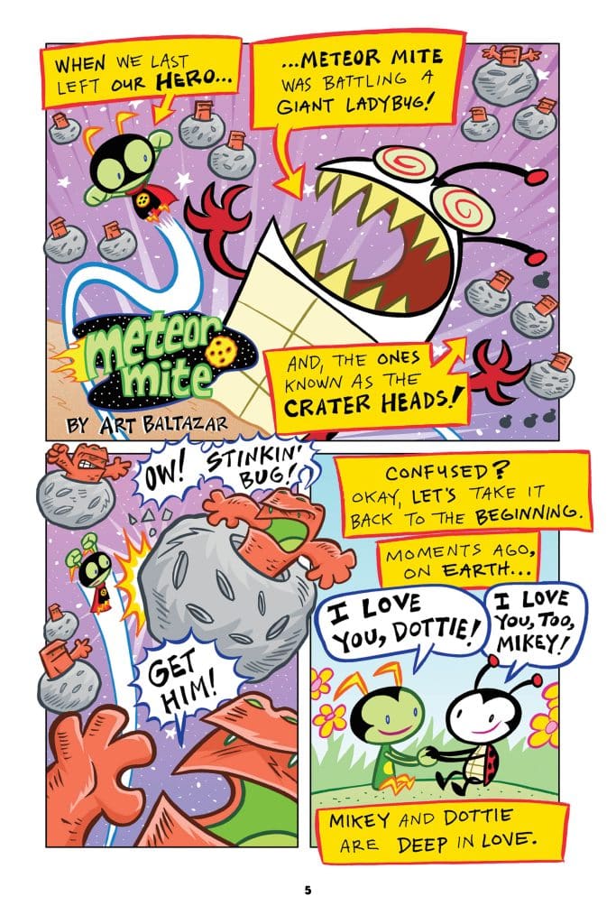 Comic page featuring Meteor Mite battling a giant ladybug with Crater Heads in the background, illustrated in a colorful and playful style.