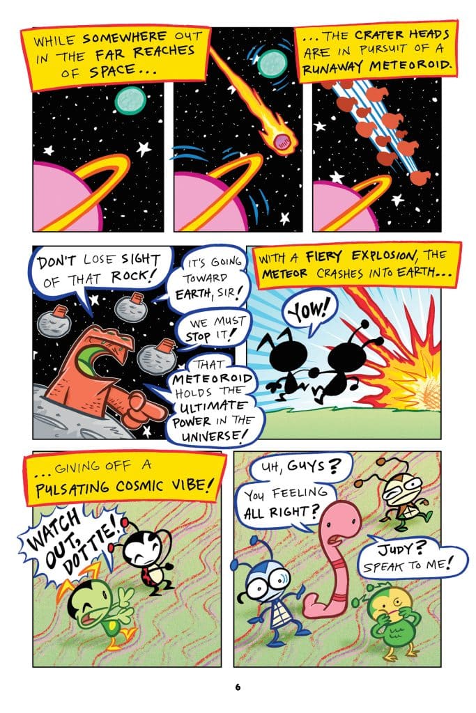A comic panel showing a space scene with planets and a meteoroid being pursued by characters. Text bubbles indicate urgency about the meteoroid's trajectory towards Earth. Characters express concern and excitement about the situation.