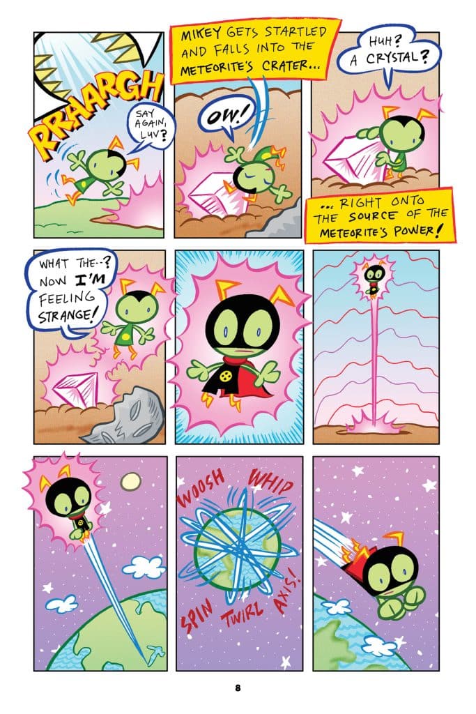 A comic panel depicting a character named Mikey startled and falling into a meteorite's crater.