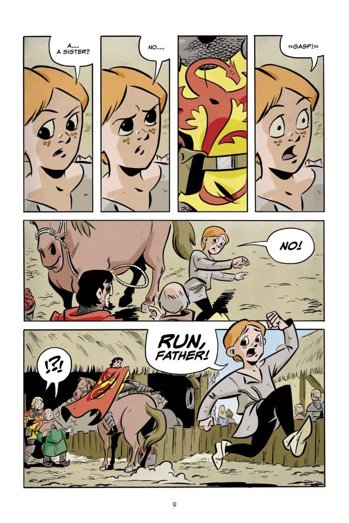 A comic panel depicting a young boy expressing shock and fear about having a sister, with a dramatic visual of a knight in armor and a horse in the background. The boy urgently tells his father to run, indicating a sense of danger.