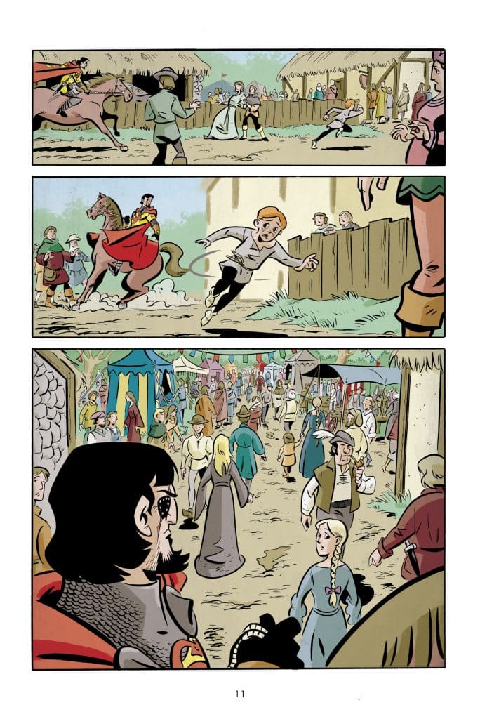 A medieval scene featuring a jousting match at the top, followed by children playing in a village setting. The bottom panel shows a busy marketplace with various characters in period attire.