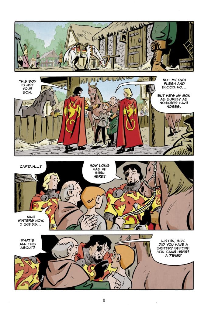 A comic book panel depicting a dialogue among several characters in a medieval setting. Two men in red capes are discussing a boy, while others stand nearby. A horse is visible in the background.